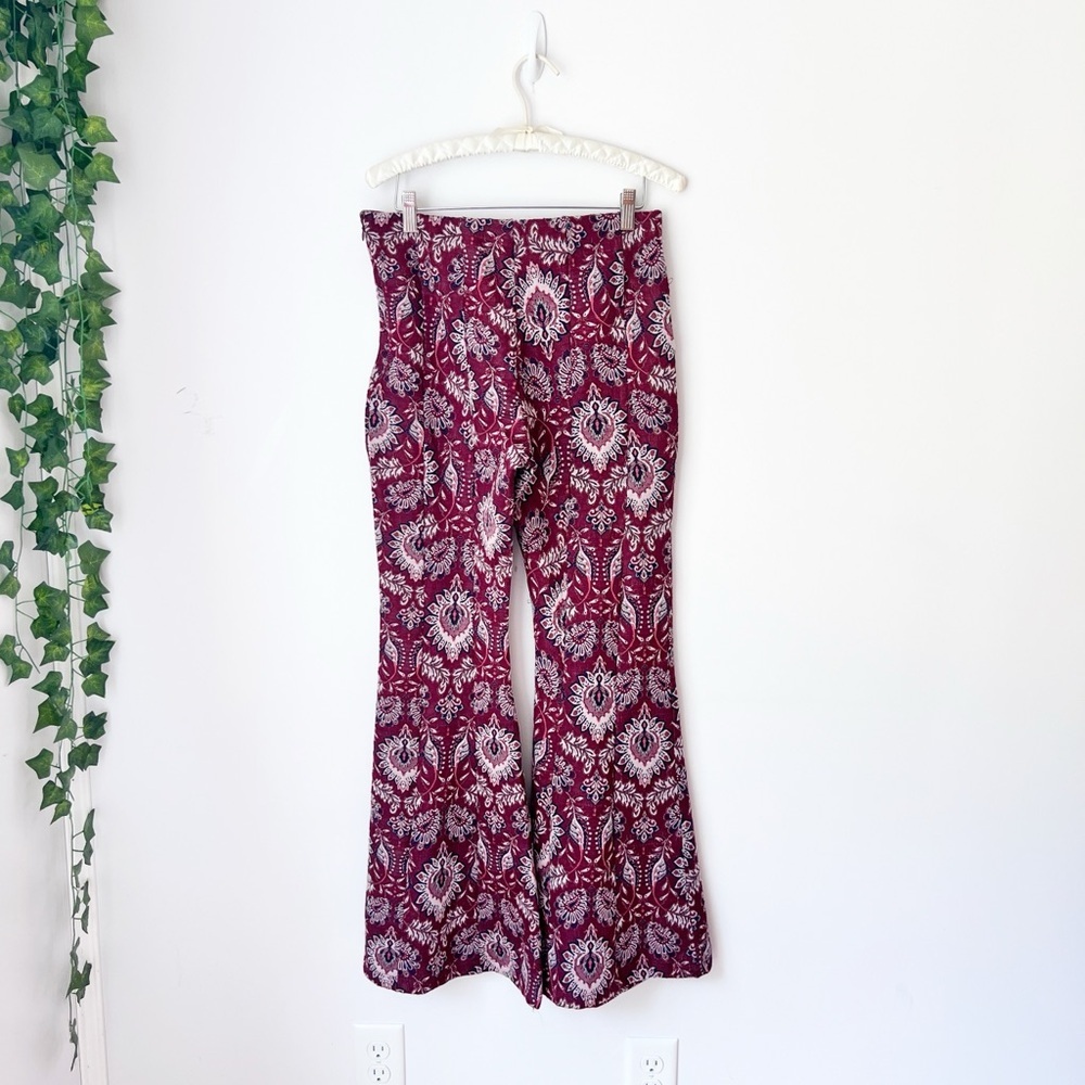 Anthropologie Flare Pants Burgundy Floral Jacquard Pull On‎ High Rise US 4 - Picture 3 of 7
